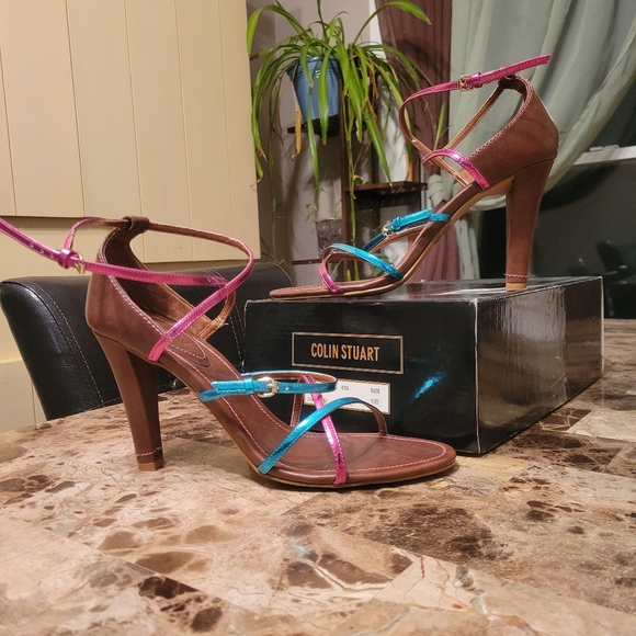 Colin Stuart Strappy Heels - Brown, Pink, and Blue - Picture 1 of 7